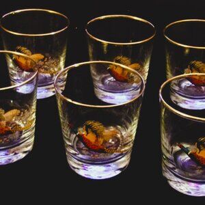 Vintage Lot of 6 Dema England Hand Painted Pheasant Cocktail Glasses